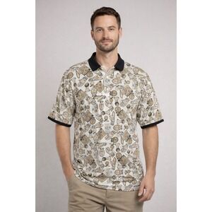 Haggar Golf Polo Shirt Mens Medium Cream Vintage All Over Print Cotton Short Slv
